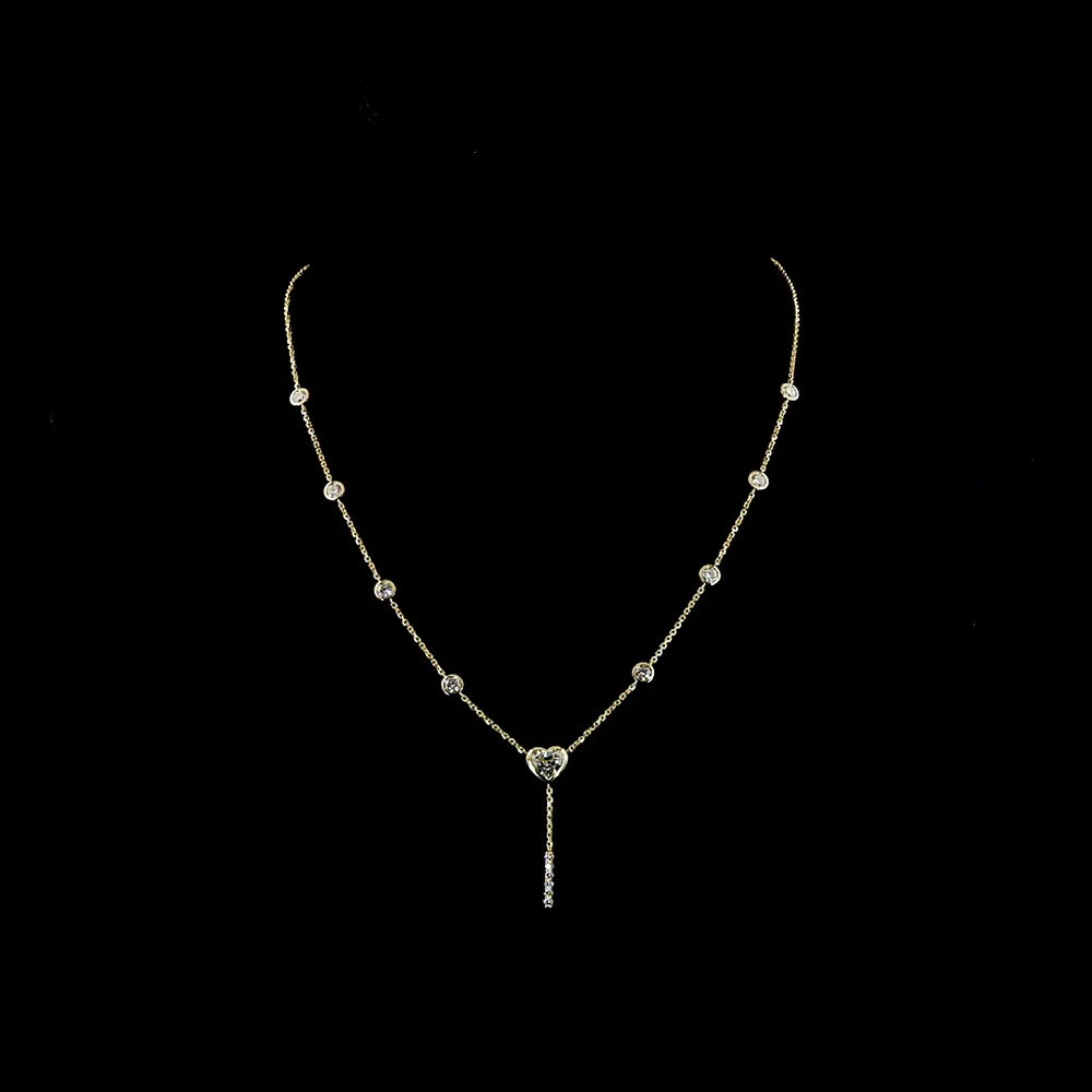 14K Yellow Gold Heart Lariat Necklace with Bezel and Prong Set Lab Diamonds - 2.46 Carat Total Weight - Covaloro Fine Jewelry