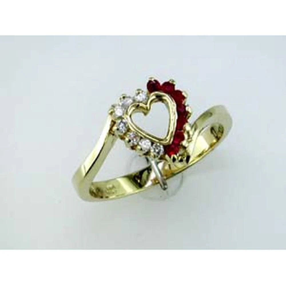 14K Yellow Gold Heart Ring with Round Diamonds (0.12ct) and Round Rubies - Royal Jewelry