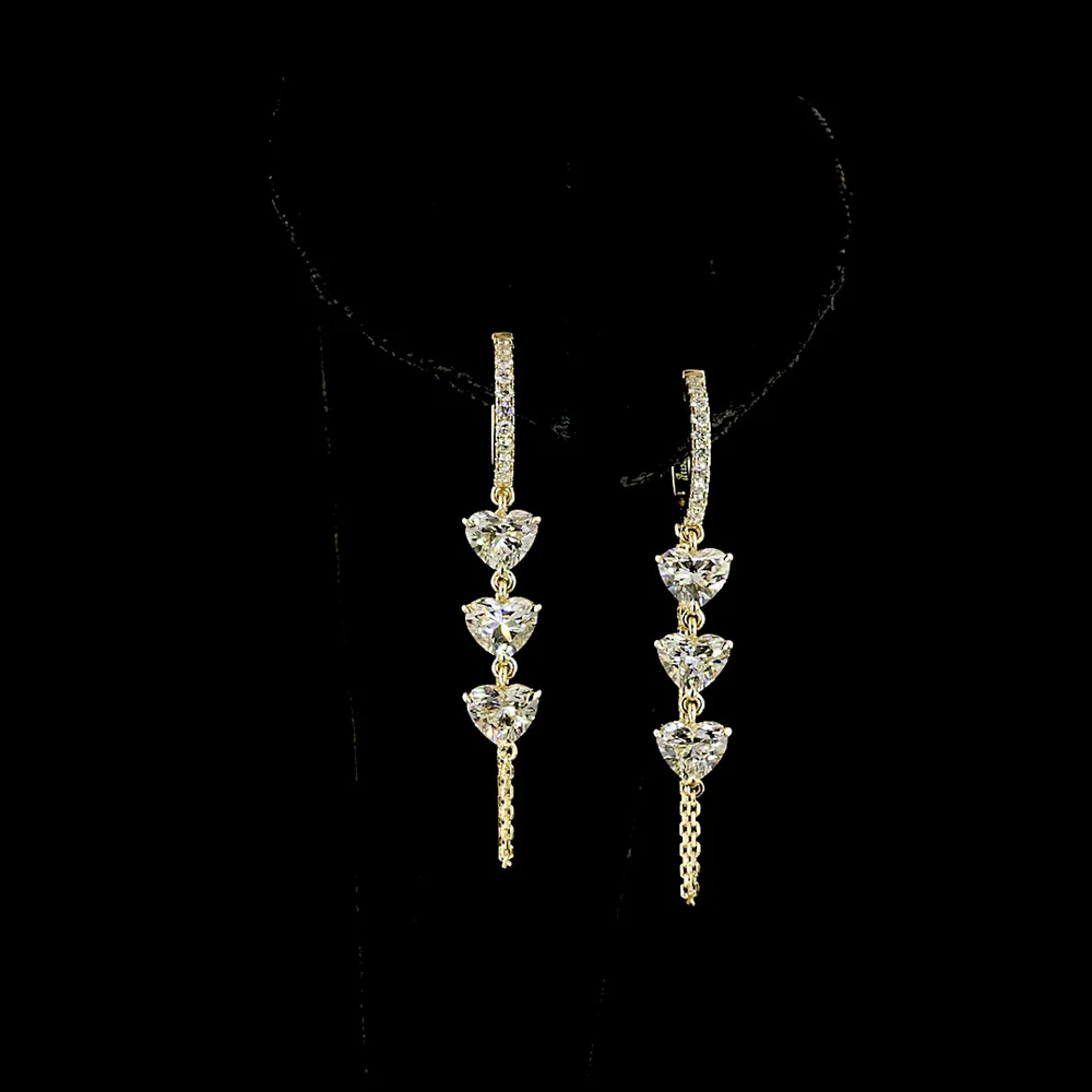 14K Yellow Gold Heart Shape Dangle Earrings with Lab Grown Diamonds - 3.28 Carat Total Weight E-F VS1 Clarity - Covaloro Fine Jewelry