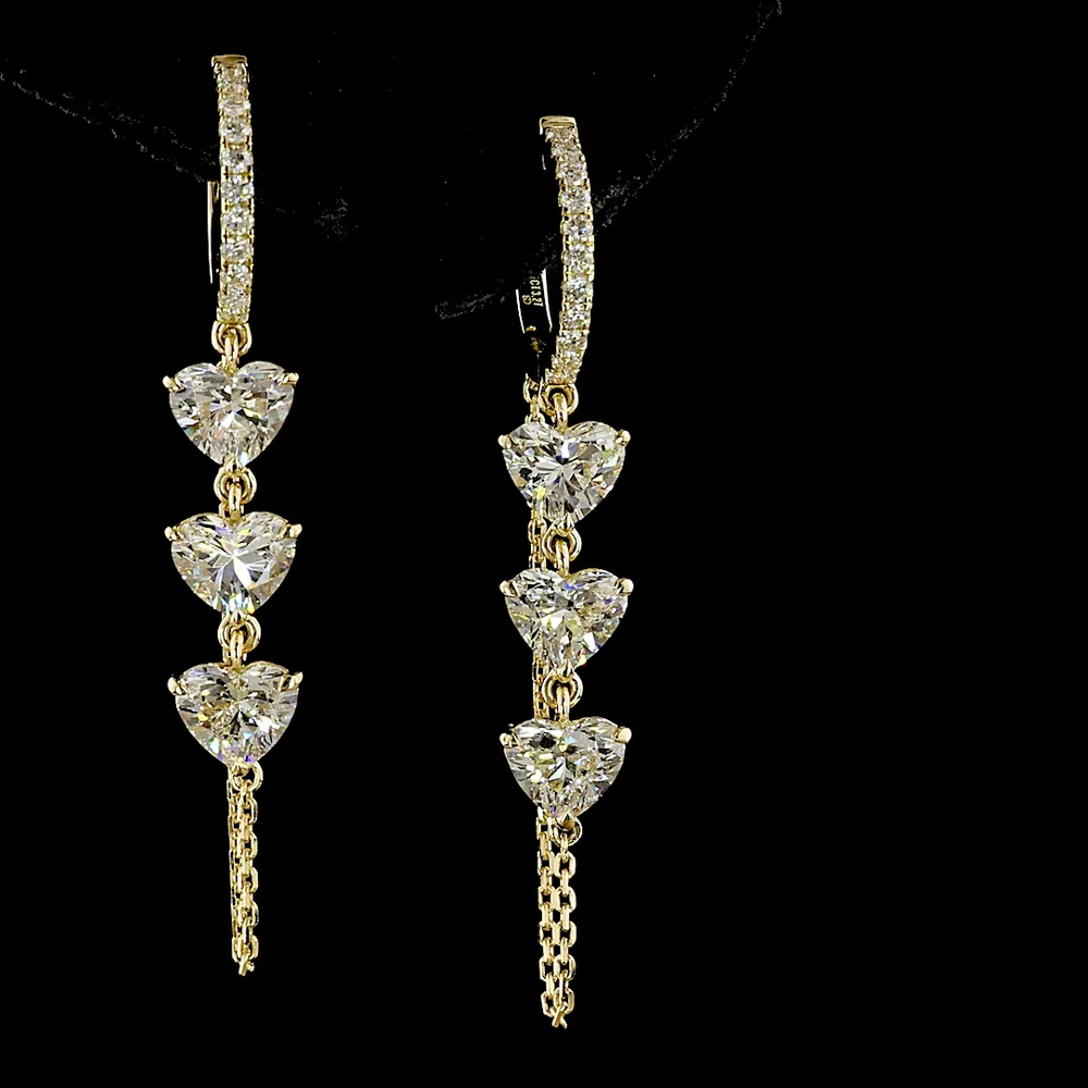 14K Yellow Gold Heart Shape Dangle Earrings with Lab Grown Diamonds - 3.28 Carat Total Weight E-F VS1 Clarity - Covaloro Fine Jewelry - Image 2