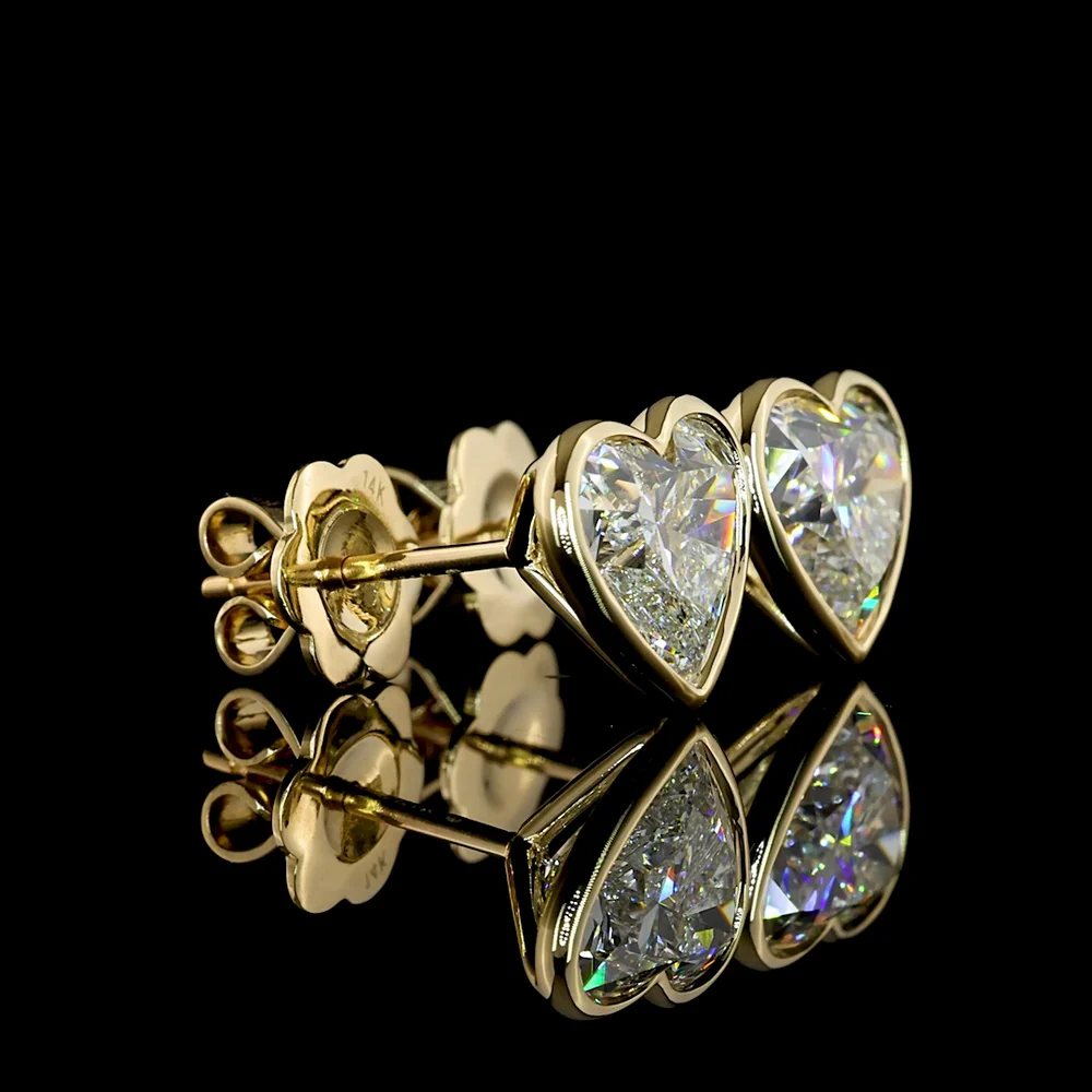 14K Yellow Gold Heart Shape Diamond Stud Earrings with Bezel Setting - 4.19 Carat Total Weight Lab Diamonds (F Color, VS1 Clarity) - Covaloro Fine Jewelry