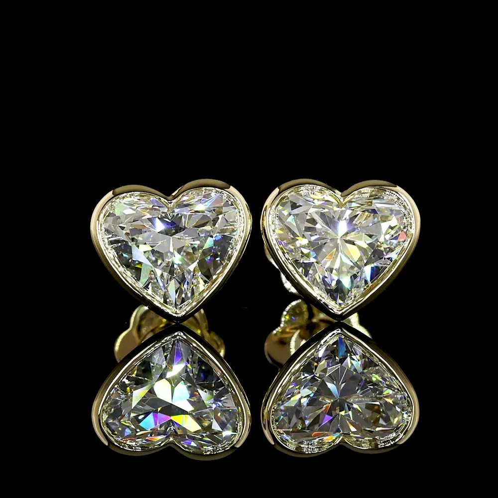 14K Yellow Gold Heart Shape Diamond Stud Earrings with Bezel Setting - 4.19 Carat Total Weight Lab Diamonds (F Color, VS1 Clarity) - Covaloro Fine Jewelry - Image 2