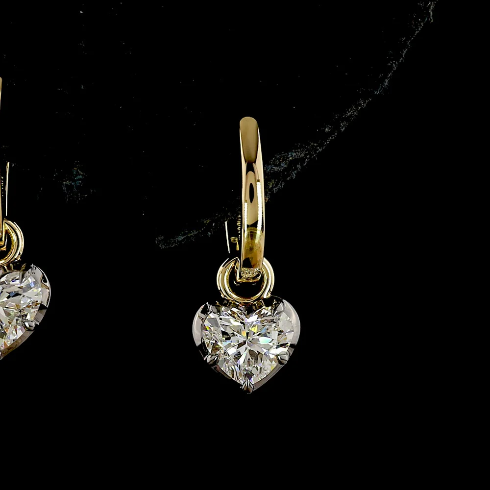14K Yellow Gold Heart Shape Hanging Earrings with Prong and Bezel Set Lab Diamonds - 1.09 Carats Total Diamond Weight - Covaloro Fine Jewelry - Image 2