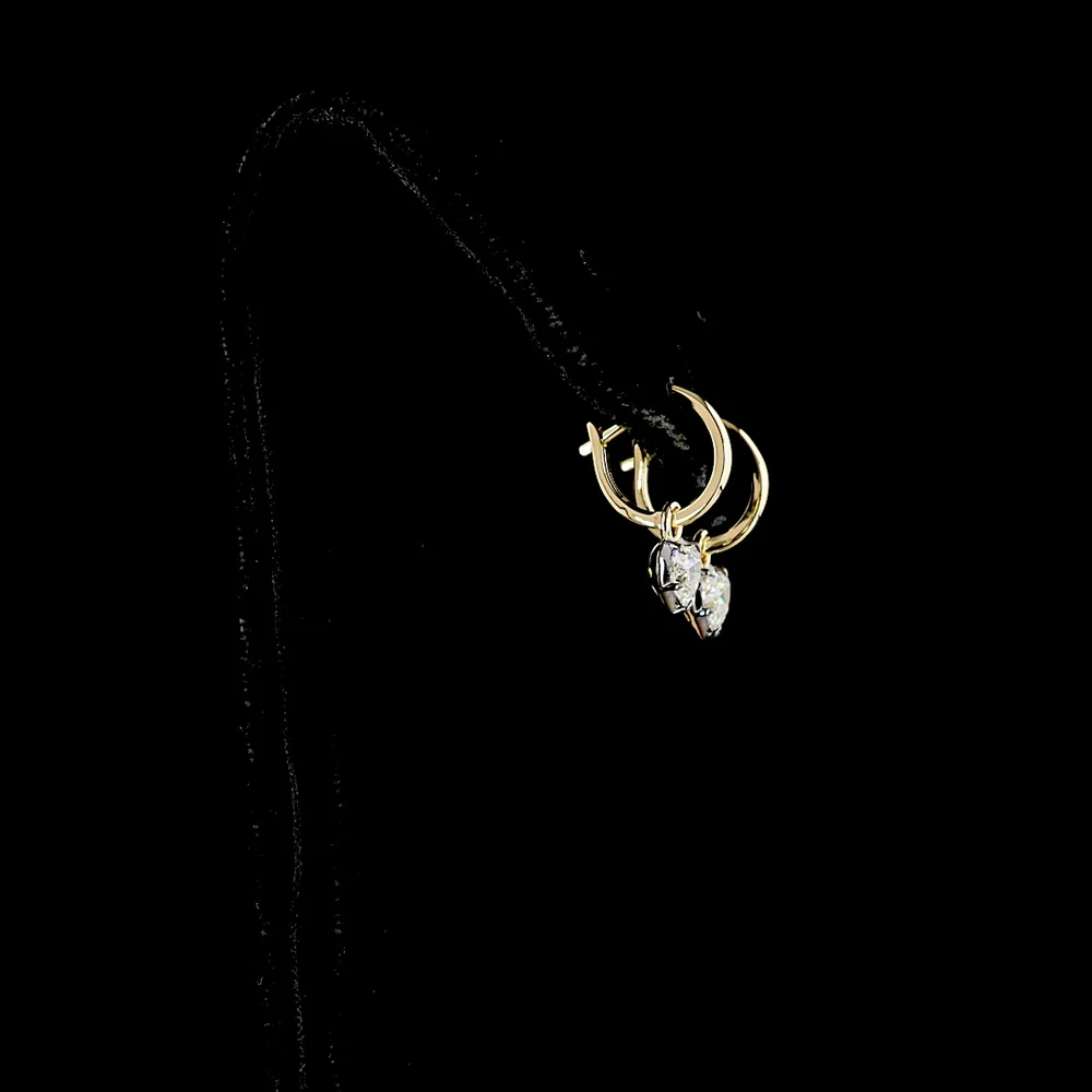 14K Yellow Gold Heart Shape Hanging Earrings with Prong and Bezel Set Lab Diamonds - 1.09 Carats Total Diamond Weight - Covaloro Fine Jewelry - Image 3