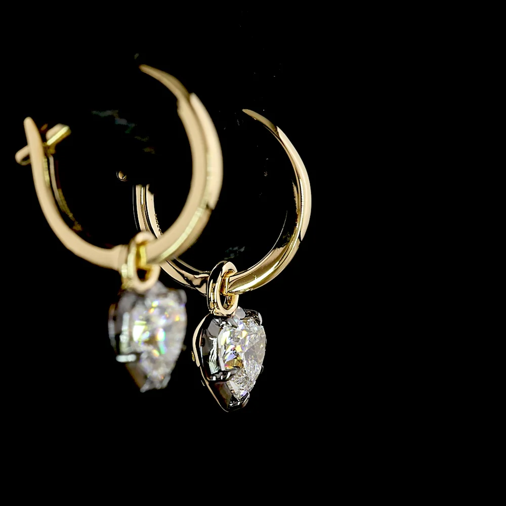 14K Yellow Gold Heart Shape Hanging Earrings with Prong and Bezel Set Lab Diamonds - 1.09 Carats Total Diamond Weight - Covaloro Fine Jewelry - Image 4
