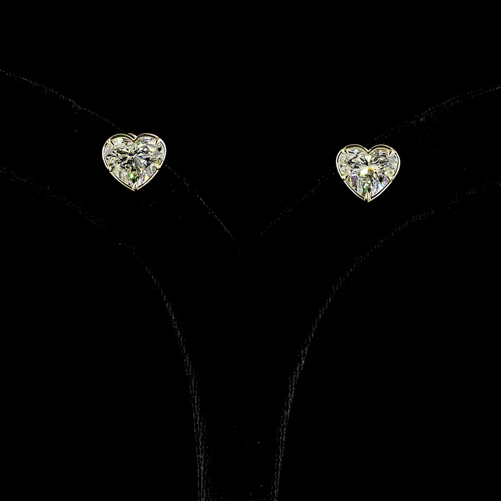14K Yellow Gold Heart Shape Lab Diamond Stud Earrings - 6.18 Carat Total Weight, Bezel-Prong Set with F VVS2 and F VS1 Stones - Covaloro Fine Jewelry