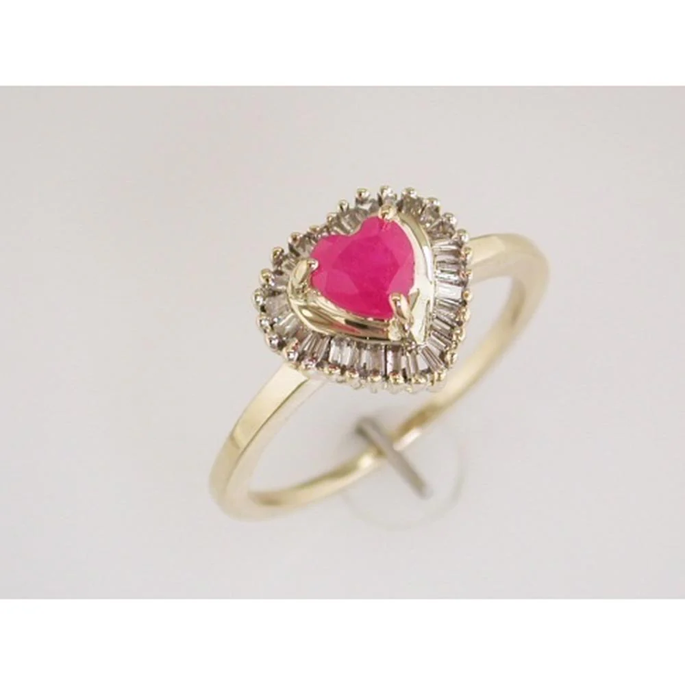 14K Yellow Gold Heart Shape Ruby Ring with Baguette Diamond Halo - 0.60 Carat Ruby and 0.25 Carat Total Diamond Weight - Royal Jewelry
