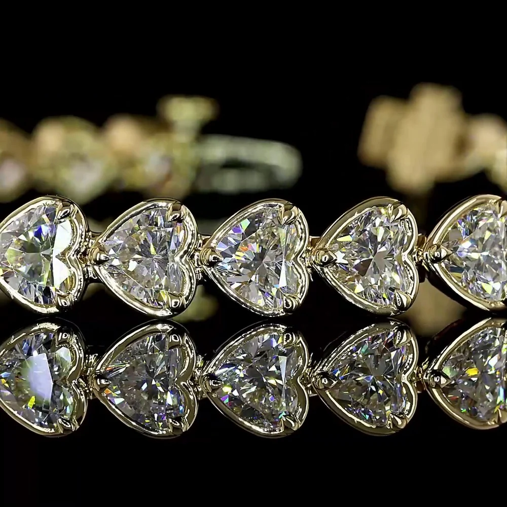 14K Yellow Gold Heart Shape Tennis Bracelet with Bezel-Prong Set Lab Grown Diamonds - 9.08 Carat Total Weight, 37 Stones E-F Color VS1 Clarity - Covaloro Fine Jewelry - Image 2