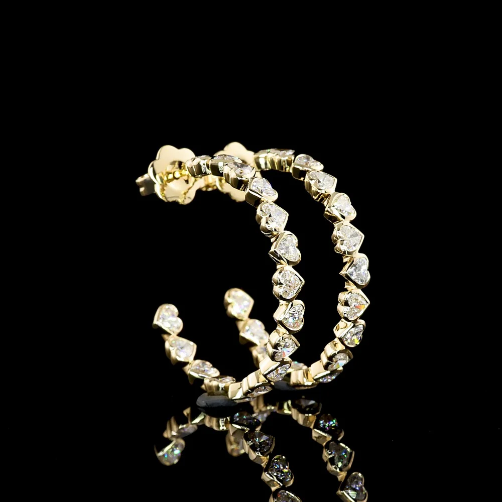 14K Yellow Gold Heart-Shaped C-Hoop Earrings with North-South Bezel Set Lab Diamonds - 3.28 Carat Total Weight, E-F Color, VVS2 Clarity - Covaloro Fine Jewelry