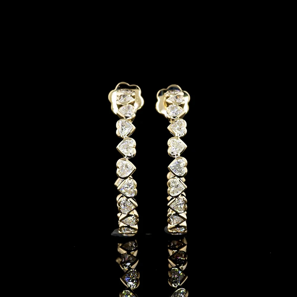 14K Yellow Gold Heart-Shaped C-Hoop Earrings with North-South Bezel Set Lab Diamonds - 3.28 Carat Total Weight, E-F Color, VVS2 Clarity - Covaloro Fine Jewelry - Image 3
