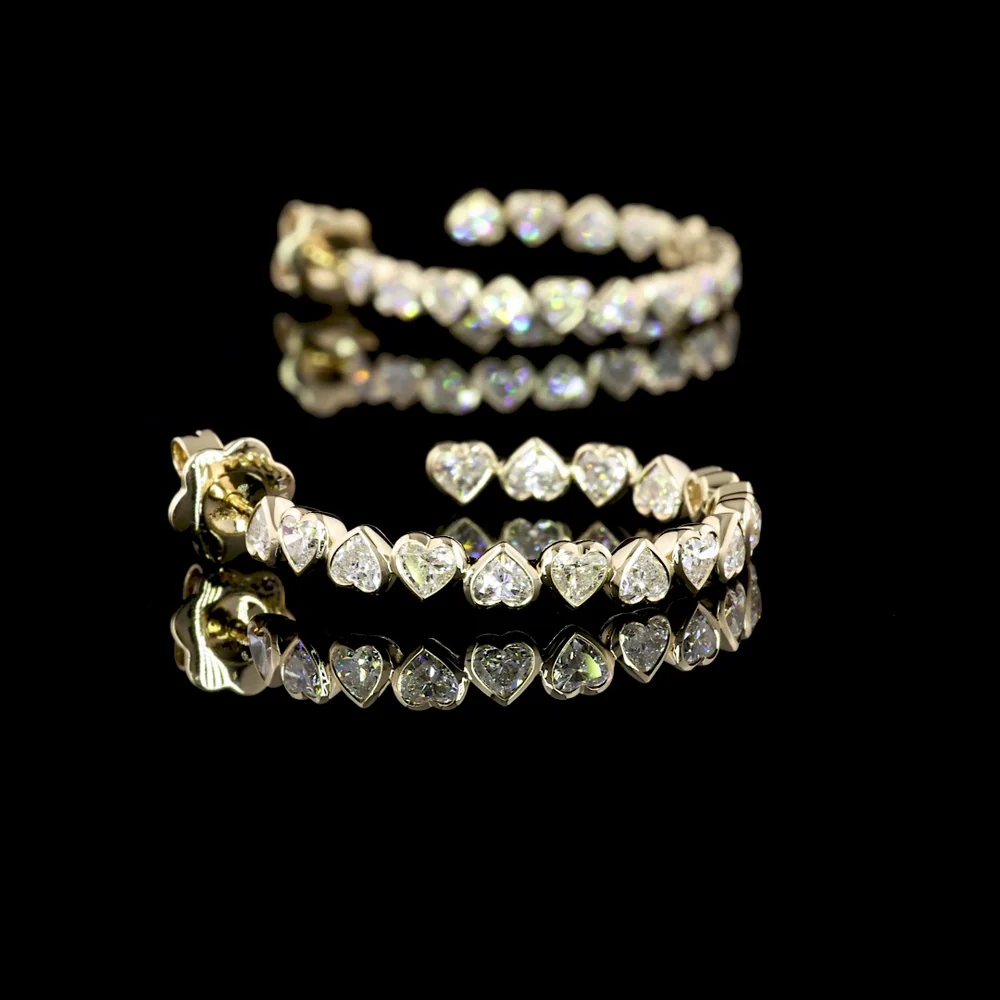 14K Yellow Gold Heart-Shaped C-Hoop Earrings with North-South Bezel Set Lab Diamonds - 3.28 Carat Total Weight, E-F Color, VVS2 Clarity - Covaloro Fine Jewelry - Image 4