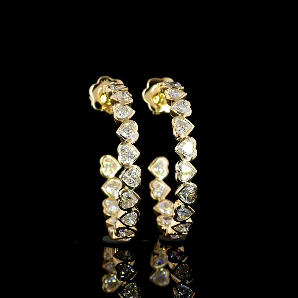 14K Yellow Gold Heart-Shaped Diamond C-Hoop Earrings with Bezel Set Lab Diamonds - 4.28 Carat Total Weight, E-F Color VS1 Clarity - Covaloro Fine Jewelry