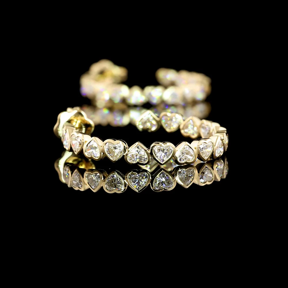 14K Yellow Gold Heart-Shaped Diamond C-Hoop Earrings with Bezel Set Lab Diamonds - 4.28 Carat Total Weight, E-F Color VS1 Clarity - Covaloro Fine Jewelry - Image 2