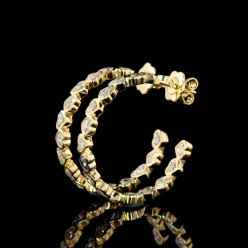 14K Yellow Gold Heart-Shaped Diamond C-Hoop Earrings with Bezel Set Lab Diamonds - 4.28 Carat Total Weight, E-F Color VS1 Clarity - Covaloro Fine Jewelry - Image 4