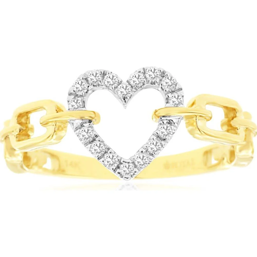 14K Yellow Gold Heart-Shaped Diamond Ring with Link Design - 0.15 Carats Total Diamond Weight - Royal Jewelry