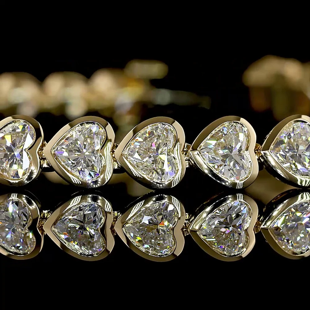 14K Yellow Gold Heart-Shaped Diamond Tennis Bracelet with East-West Bezel Setting - 38 Lab-Grown Diamonds 7.30 Carats Total Weight E-F Color VS Clarity - Covaloro Fine Jewelry - Image 2