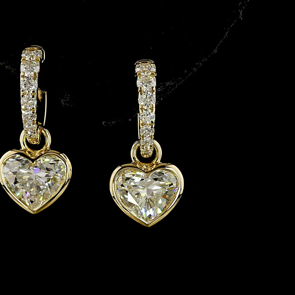 14K Yellow Gold Heart Shaped Drop Earrings with Bezel Set Lab Diamonds - 4.15 Carat Total Diamond Weight - Covaloro Fine Jewelry - Image 2