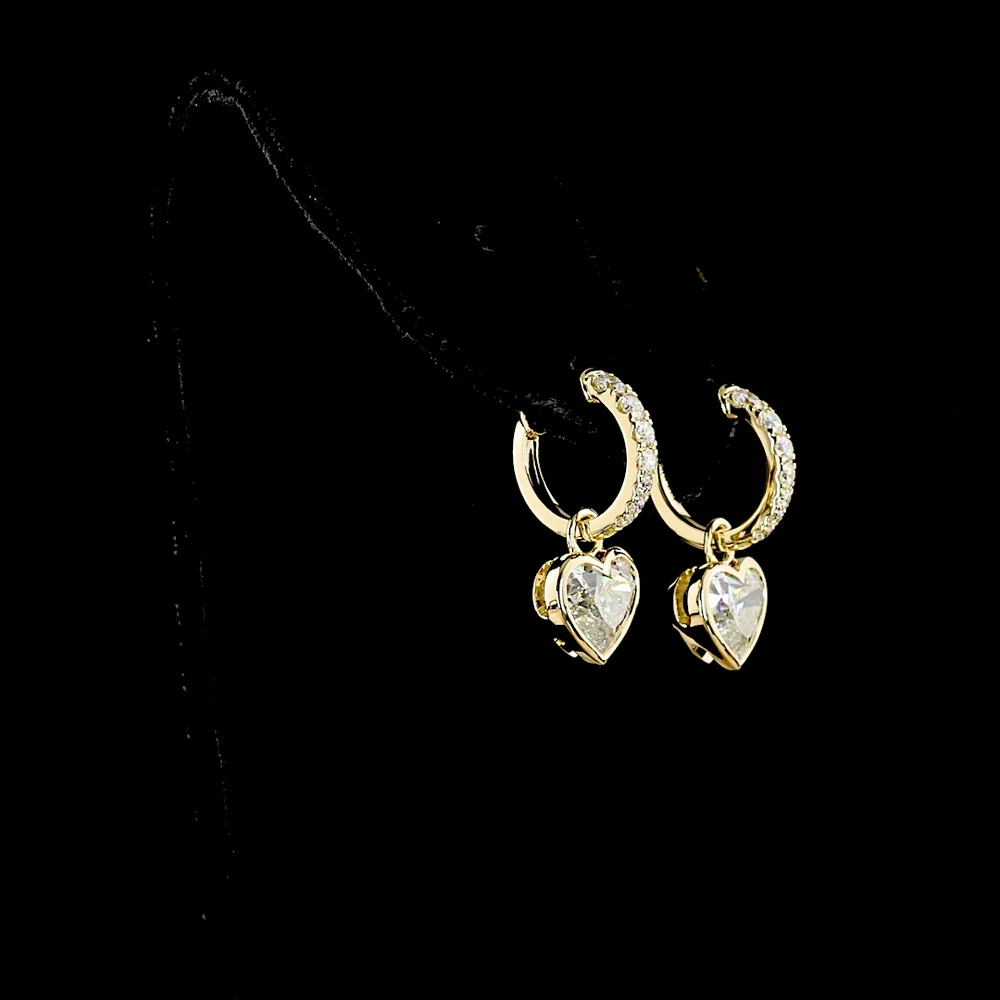 14K Yellow Gold Heart Shaped Drop Earrings with Bezel Set Lab Diamonds - 4.15 Carat Total Diamond Weight - Covaloro Fine Jewelry - Image 3
