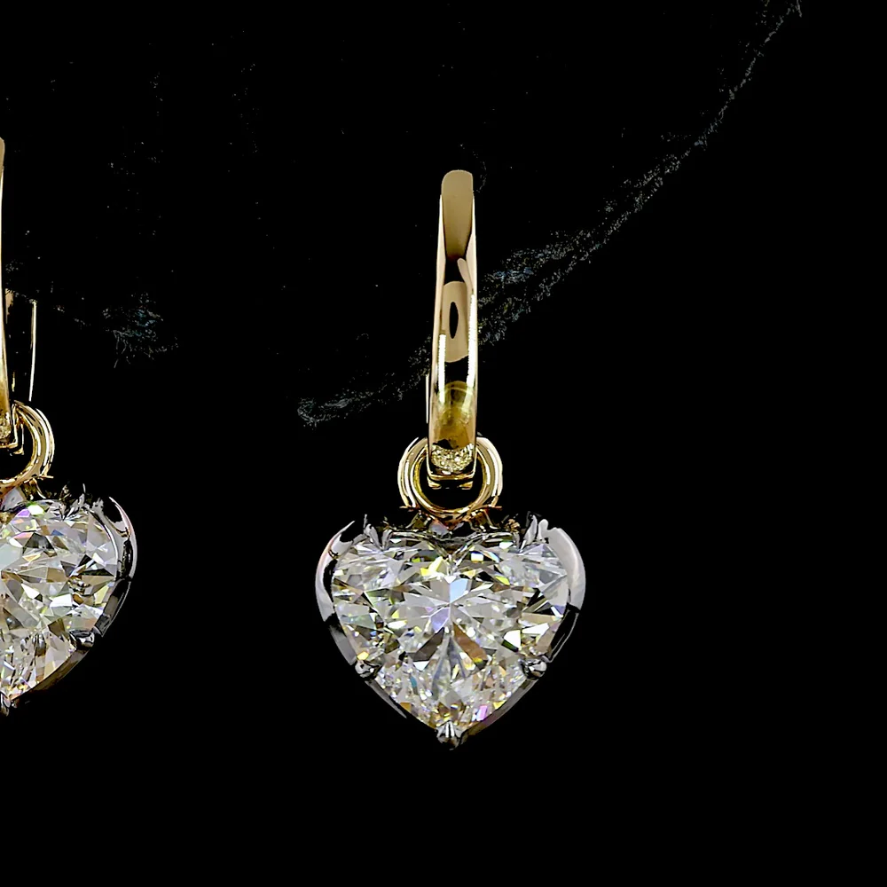 14K Yellow Gold Heart-Shaped Lab Diamond Hanging Earrings with Black Rhodium Accents - 3.10 Carat Total Weight (E-F Color, VS1-VVS2 Clarity) - Covaloro Fine Jewelry - Image 2