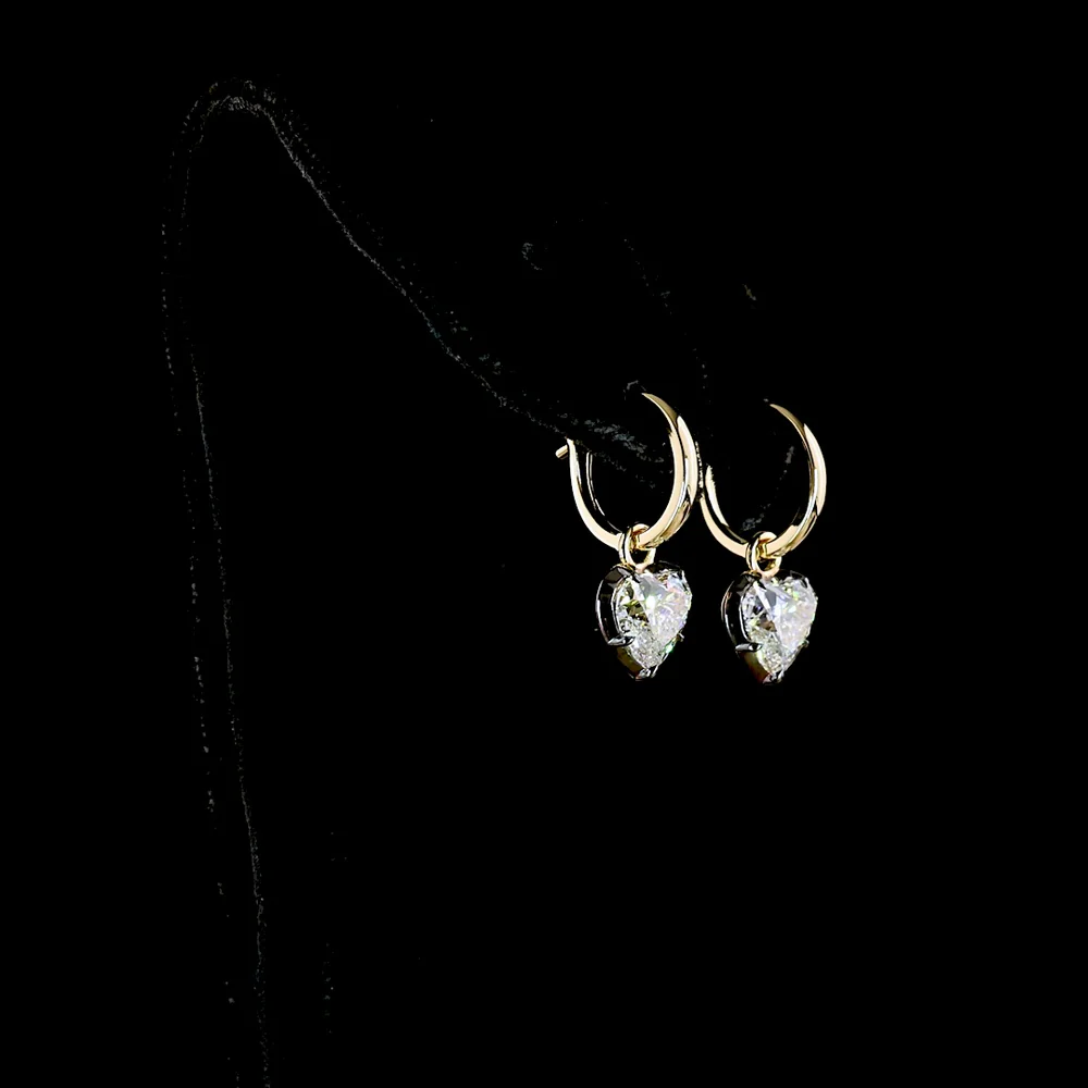 14K Yellow Gold Heart-Shaped Lab Diamond Hanging Earrings with Black Rhodium Accents - 3.10 Carat Total Weight (E-F Color, VS1-VVS2 Clarity) - Covaloro Fine Jewelry - Image 3