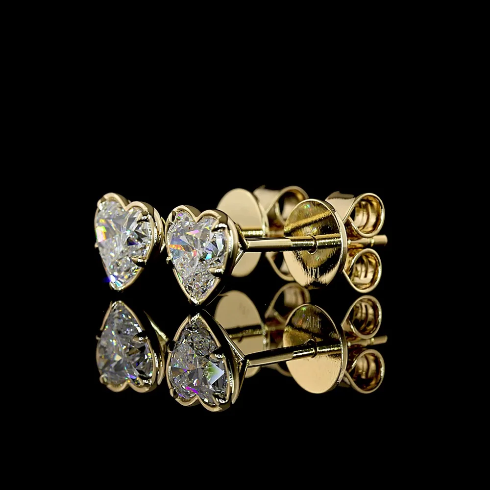 14K Yellow Gold Heart Shaped Lab Diamond Stud Earrings - 1.09 Carat Total Weight, E-F VS1 Color Clarity, Bezel-Prong Setting - Covaloro Fine Jewelry - Image 3
