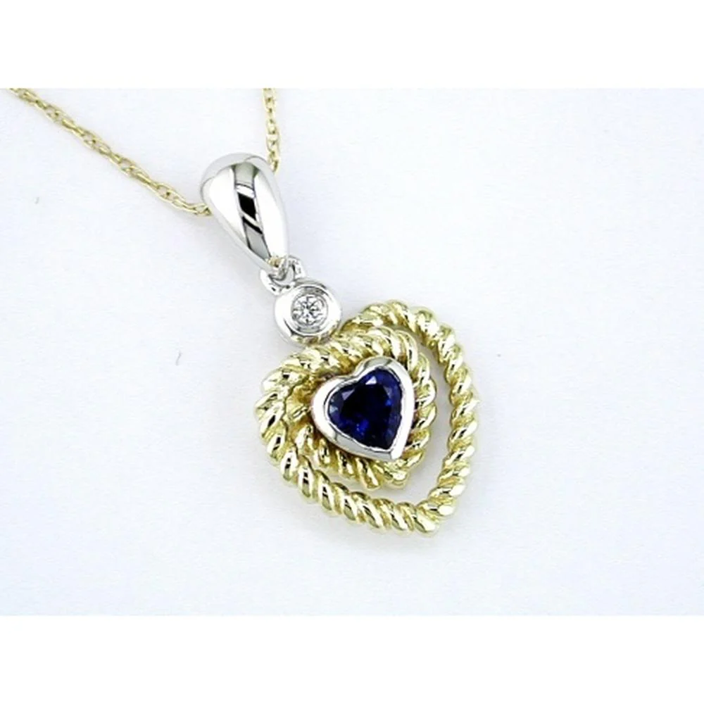 14K Yellow Gold Heart-Shaped Sapphire and Diamond Pendant with Twisted Rope Frame - 0.30 Carats Sapphire, 0.02 Carats Diamond - Royal Jewelry