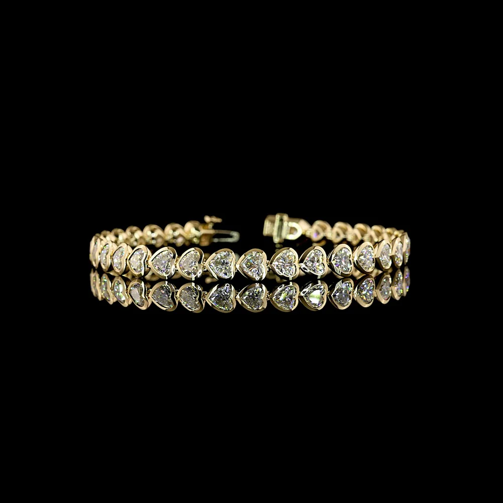 14K Yellow Gold Heart Shaped Tennis Bracelet with Bezel Set Lab Grown Diamonds - 11.08 Carat Total Diamond Weight - Covaloro Fine Jewelry