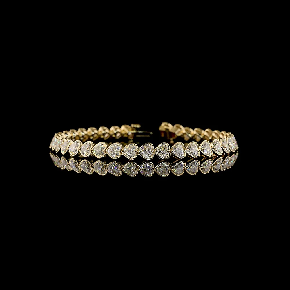 14K Yellow Gold Heart Shaped Tennis Bracelet with East-West Set Lab-Grown Diamonds - 11.30 Carat Total Diamond Weight, E-F Color VS1 Clarity - Covaloro Fine Jewelry