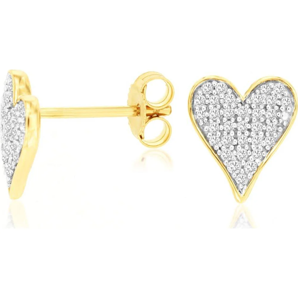 14K Yellow Gold Heart Stud Earrings with Pavé Set Round Diamonds - 0.25 Carat Total Diamond Weight - Royal Jewelry