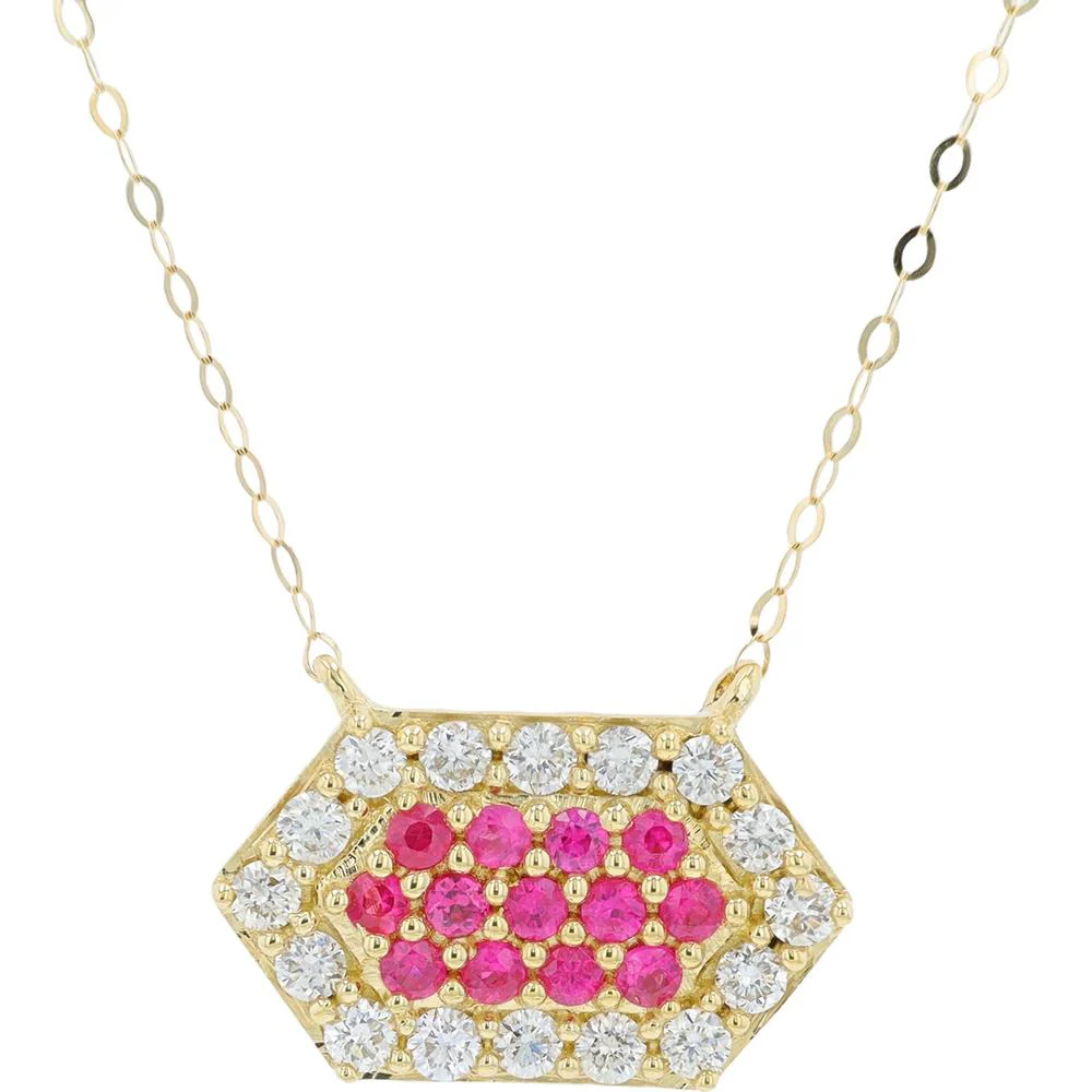 14K Yellow Gold Hexagon Pendant Necklace with Prong - Set Rubies - 0.32 Carat Total Ruby Weight with Diamond Halo - 0.40 Carat Total Diamond Weight