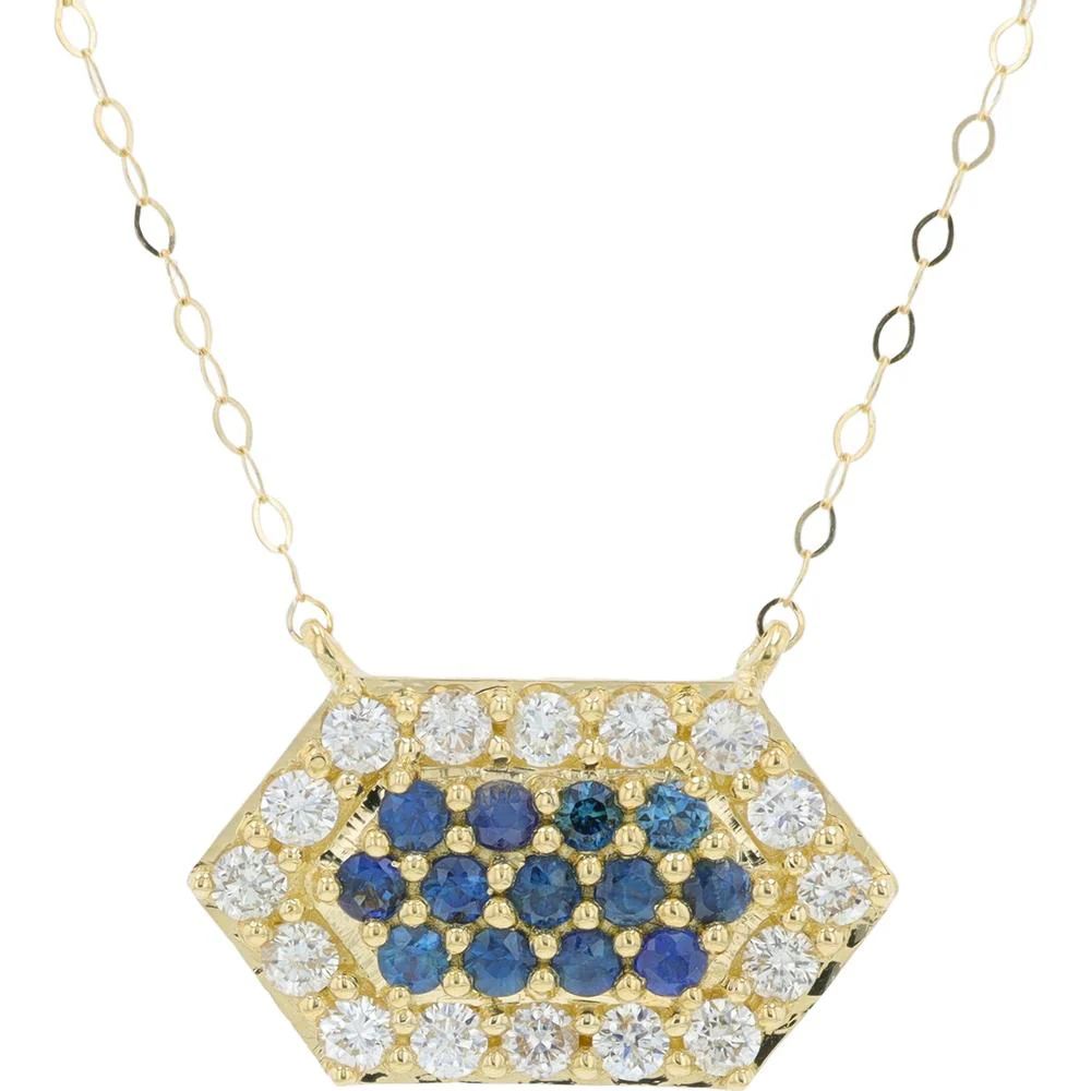 14K Yellow Gold Hexagonal Pendant Necklace with 0.32 Carat Sapphires and 0.40 Carat Diamond Halo