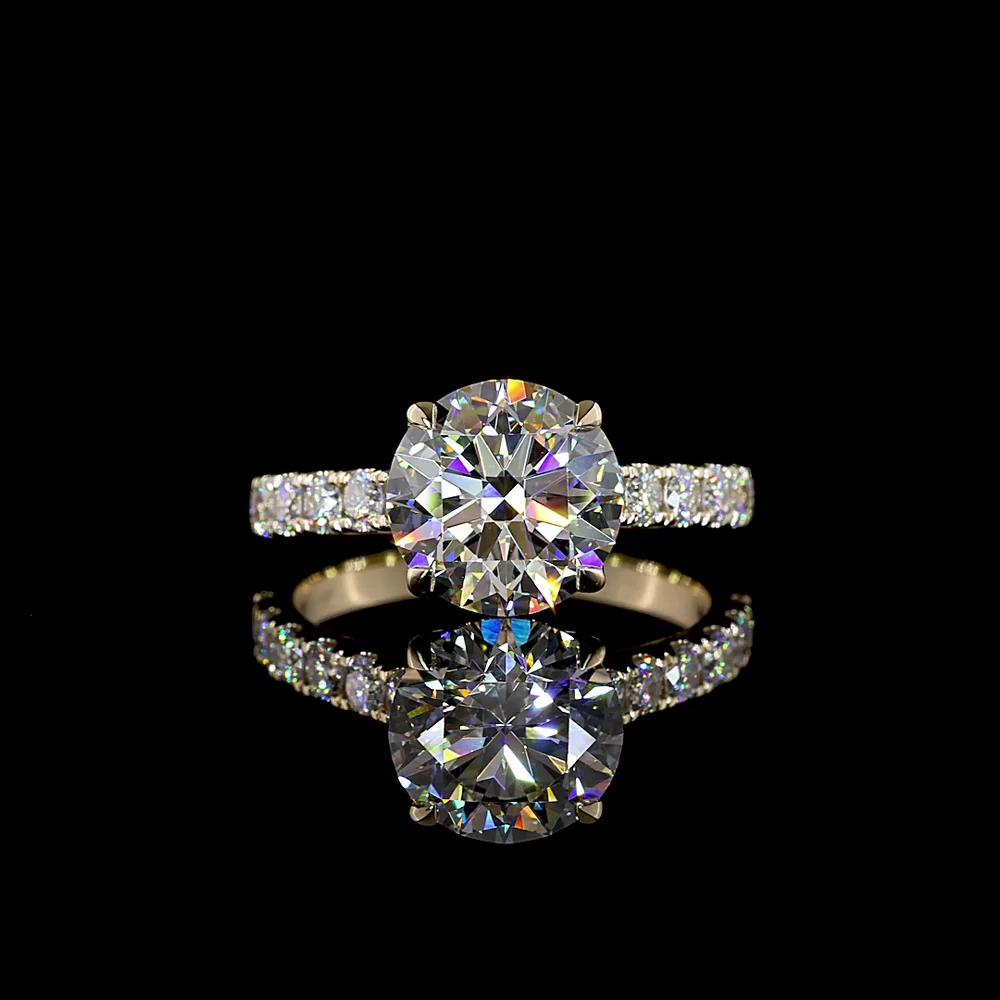 14K Yellow Gold Hidden Halo Engagement Ring with 3.03 Carat Round Brilliant Lab Diamond Center and Accent Band - 3.74 Total Carat Weight - Covaloro Fine Jewelry