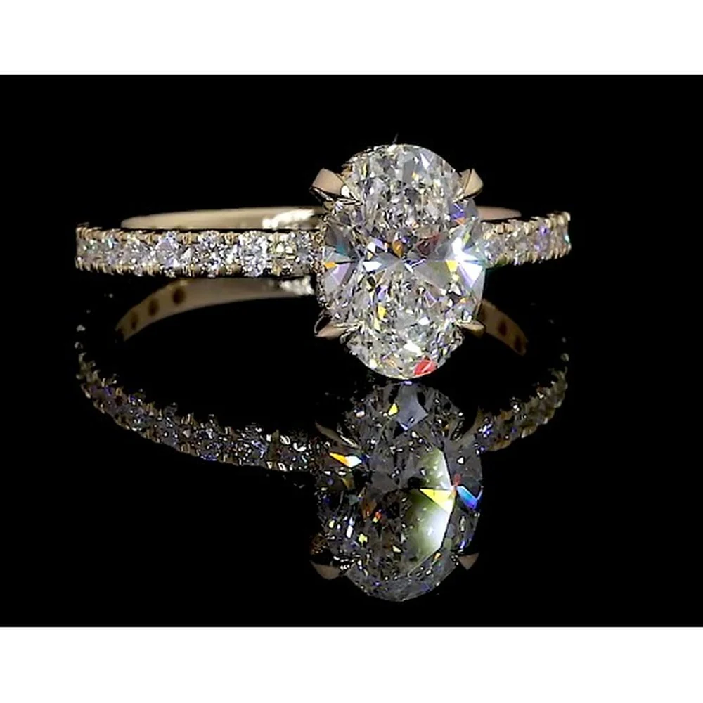 14K Yellow Gold Hidden Halo Oval Cut Lab Diamond Ring - 2.86 Carat Total Weight, D VS1 Center with Pavé Band - Covaloro Fine Jewelry