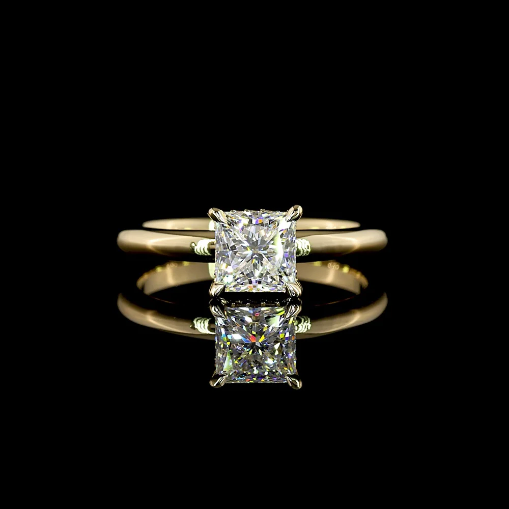 14K Yellow Gold Hidden Halo Ring with 1.03 Carat Princess Cut Lab Diamond and 0.05 Carat Brilliant Cut Accent Diamonds - 1.08 Carat Total Diamond Weight - Covaloro Fine Jewelry