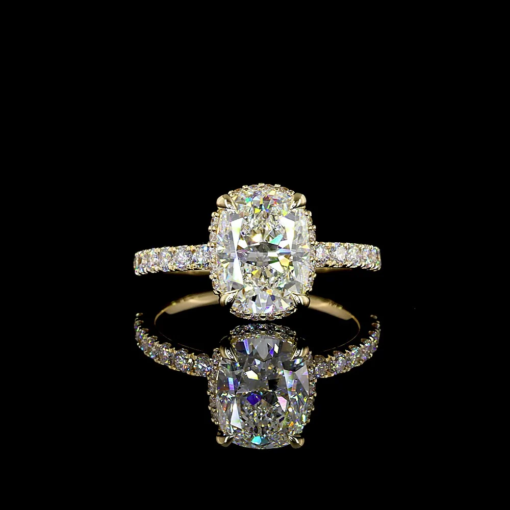 14K Yellow Gold Hidden Halo Ring with 2.55 Carat Cushion Brilliant Cut Lab Diamond Center and 0.44 Carat Round Diamond Accents - GIA Certified E VVS2 - Covaloro Fine Jewelry