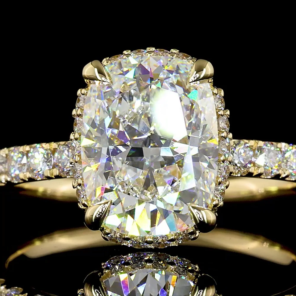 14K Yellow Gold Hidden Halo Ring with 2.55 Carat Cushion Brilliant Cut Lab Diamond Center and 0.44 Carat Round Diamond Accents - GIA Certified E VVS2 - Covaloro Fine Jewelry - Image 2