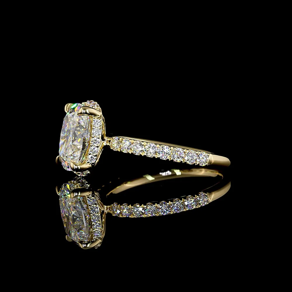 14K Yellow Gold Hidden Halo Ring with 2.55 Carat Cushion Brilliant Cut Lab Diamond Center and 0.44 Carat Round Diamond Accents - GIA Certified E VVS2 - Covaloro Fine Jewelry - Image 3