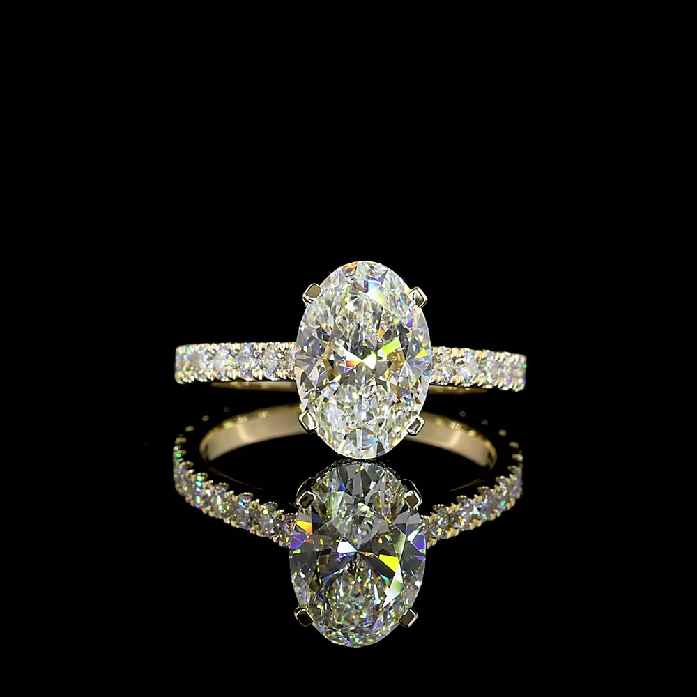 14K Yellow Gold Hidden Halo Ring with 2.56 Carat Oval Lab Diamond and 0.76 Carat Accent Stones - 3.32 Carat Total Diamond Weight - Covaloro Fine Jewelry