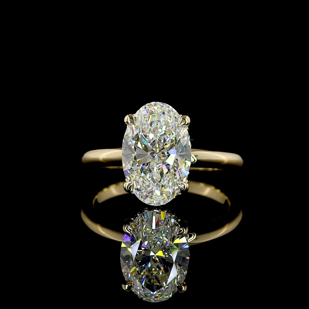 14K Yellow Gold Hidden Halo Ring with 3.04 Carat Oval Cut Lab Diamond and 0.09 Carat Accent Diamonds - IGI Certified E VVS2 - Covaloro Fine Jewelry