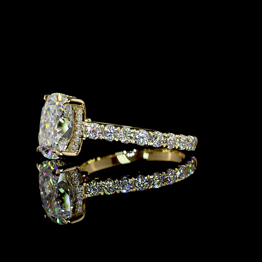 14K Yellow Gold Hidden Halo Ring with 3.05 Carat Cushion Brilliant Cut Lab Diamond and 0.94 Carat Accent Diamonds - 3.99 Carat Total Diamond Weight - Covaloro Fine Jewelry - Image 3
