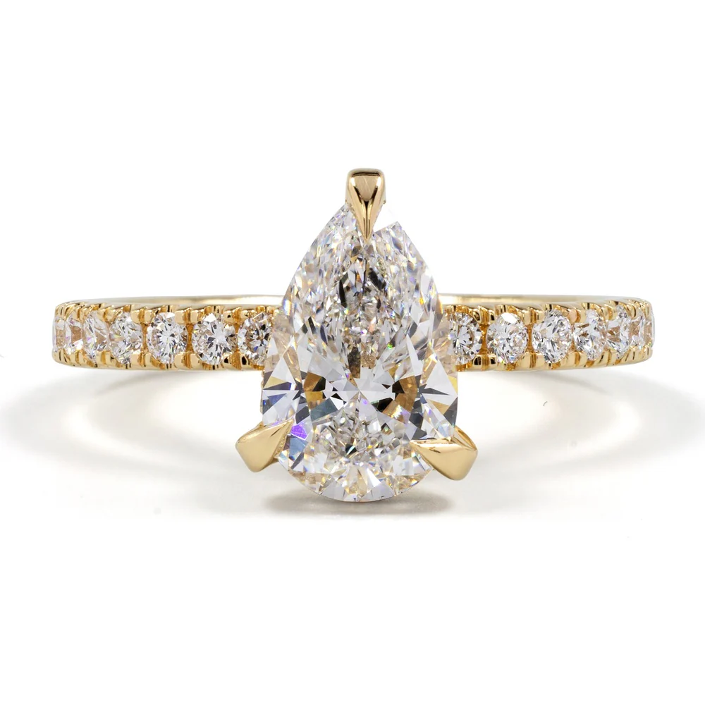 14K Yellow Gold Hidden Halo Ring with 3.12 Carat Pear Shape Lab Diamond and 0.94 Carat Round Brilliant Accents - 4.06 Total Carat Weight, E-F VS2 Clarity - Covaloro Fine Jewelry