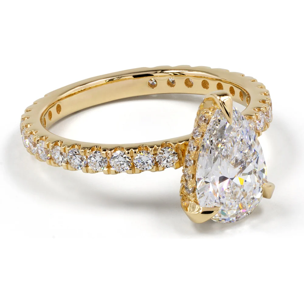 14K Yellow Gold Hidden Halo Ring with 3.12 Carat Pear Shape Lab Diamond and 0.94 Carat Round Brilliant Accents - 4.06 Total Carat Weight, E-F VS2 Clarity - Covaloro Fine Jewelry - Image 2