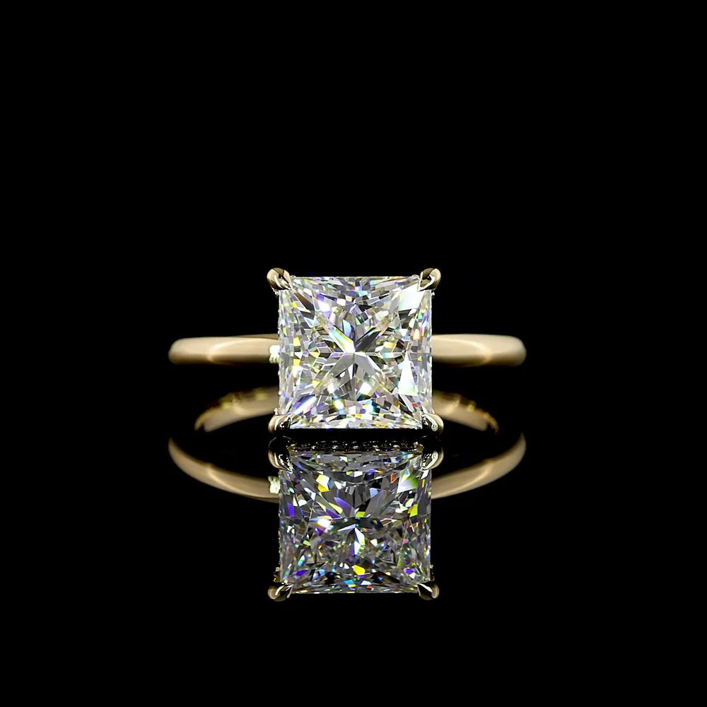 14K Yellow Gold Hidden Halo Ring with 3.24 Carat Princess Cut Lab Diamond and 0.10 Carat Round Brilliant Diamond Accents - IGI Certified E VVS1 - 3.34 Carat Total Diamond Weight - Covaloro Fine Jewelry