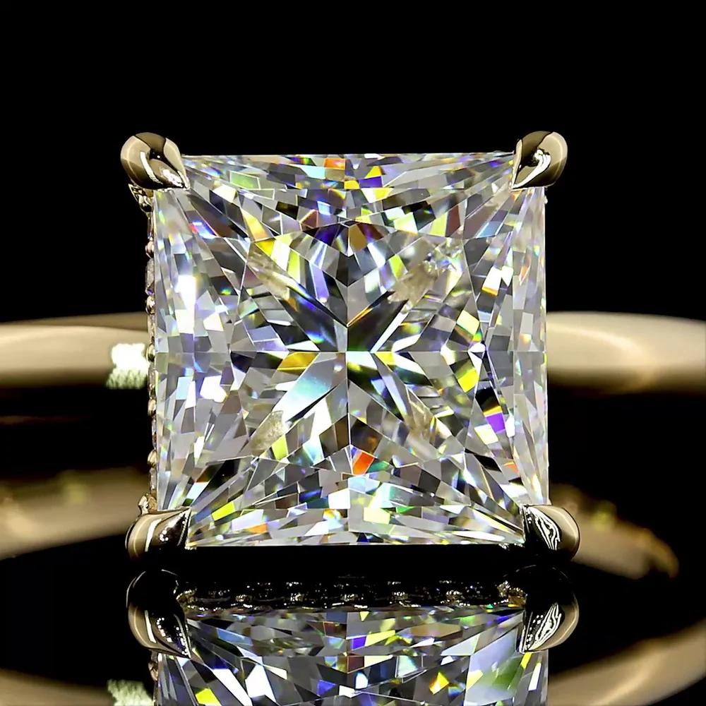 14K Yellow Gold Hidden Halo Ring with 3.24 Carat Princess Cut Lab Diamond and 0.10 Carat Round Brilliant Diamond Accents - IGI Certified E VVS1 - 3.34 Carat Total Diamond Weight - Covaloro Fine Jewelry - Image 2