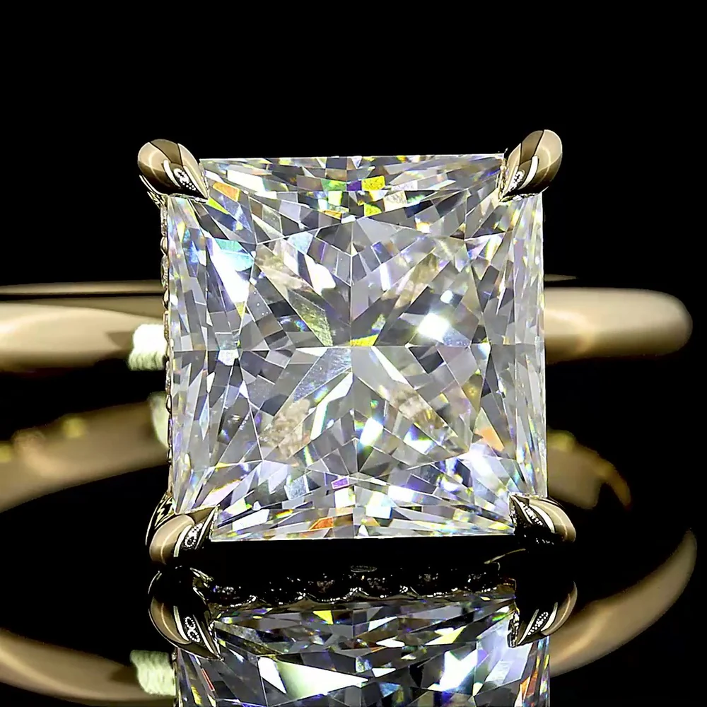 14K Yellow Gold Hidden Halo Ring with 3.84 Carat Princess Cut Lab Diamond and 0.12 Carat Brilliant Cut Accents - 3.96 Total Carat Weight - Covaloro Fine Jewelry - Image 2