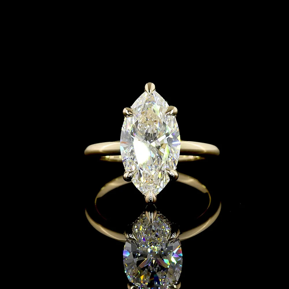 14K Yellow Gold Hidden Halo Ring with 4.06 Carat Marquise Cut Lab Diamond and 0.14 Carat Brilliant Cut Lab Diamonds - 4.20 Carat Total Weight - Covaloro Fine Jewelry