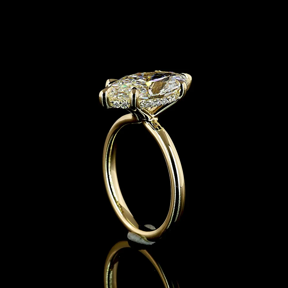 14K Yellow Gold Hidden Halo Ring with 4.06 Carat Marquise Cut Lab Diamond and 0.14 Carat Brilliant Cut Lab Diamonds - 4.20 Carat Total Weight - Covaloro Fine Jewelry - Image 3