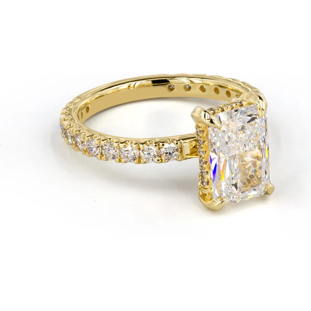 14K Yellow Gold Hidden Halo Ring with 4.07 Carat Radiant Cut Lab Diamond and 0.51 Carat Brilliant Cut Accent Diamonds - 4.58 Total Carat Weight - Covaloro Fine Jewelry - Image 3
