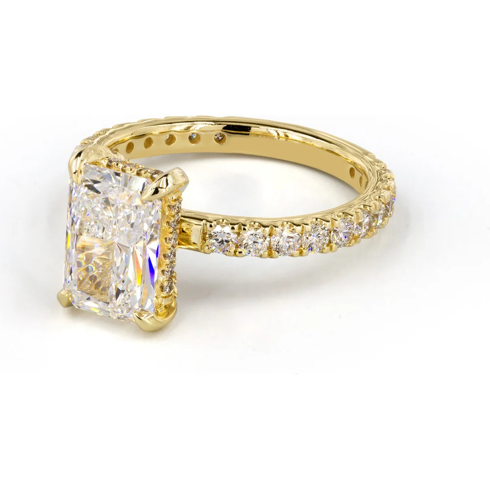 14K Yellow Gold Hidden Halo Ring with 4.07 Carat Radiant Cut Lab Diamond and 0.51 Carat Brilliant Cut Accent Diamonds - 4.58 Total Carat Weight - Covaloro Fine Jewelry - Image 4