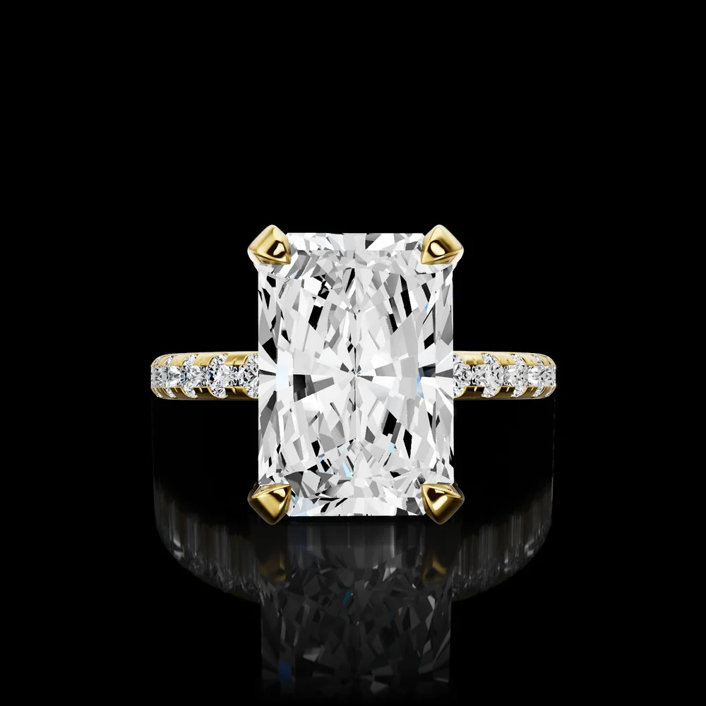 14K Yellow Gold Hidden Halo Ring with 4.09 Carat Radiant Cut Lab Diamond and Pave Band - 4.95 Total Diamond Weight - Covaloro Fine Jewelry